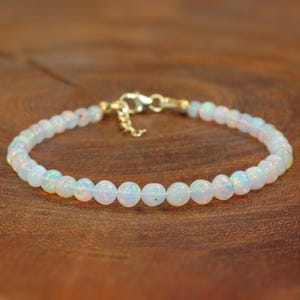 Natural White Opal Round Beads Bracelet, Ethiopian Opal Gemstone Beaded Bracelet for Her, Handmade Gemstone Jewelry, October Birthstone Gift