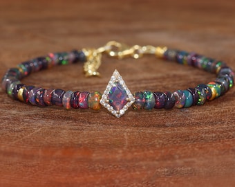 AAA Ethiopian Opal Beaded Bracelet, Kite Charm, Sterling Silver, October Birthstone