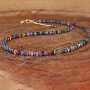 Fire Black Opal Beaded Necklace for Women, Genuine Ethiopian Multifire Opal Beaded Necklace, Handmade Opal Jewelry, Gift For Her