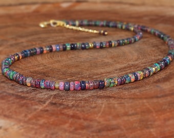 Ethiopian Opal Beaded Necklace, Sterling Silver, Multifire Gemstone