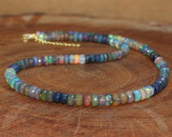 Ethiopian Black Opal Faceted Beads Necklace Gift, Natural Opal Gemstone Beaded Necklace, Opal Delicate Necklace, October Birthstone Jewelry