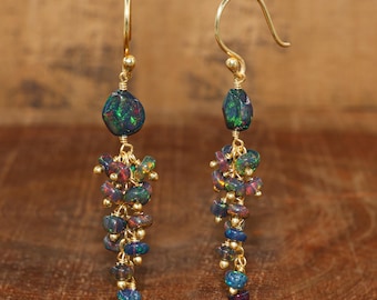 Black fire Ethiopian opal beaded cluster earrings for women, October birthstone, Minimalist earrings, AAA Ethiopian opal earrings for her