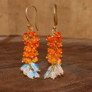 Orange and white opal beaded cluster earrings for women, vintage fire opal earrings, Gold earrings, 925 Sterling silver earrings for her