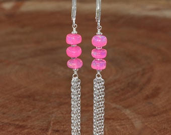 Genuine Pink Opal Beads Drop and Dangle Earrings, Natural Fire Opal Gemstone Silver Earrings, Birthstone Earrings, Opal Handmade Earrings