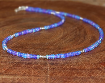 Dainty blue fire opal beaded necklace for women, vintage fire opal necklace, Minimalist necklace, Handmade necklace, AAA Ethiopian opal