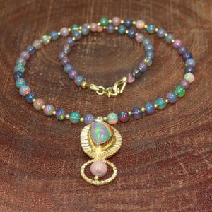 Black Opal Fancy Gemstone Gold Charm Necklace, Natural Multifire Round Opal Beads Necklace, Handmade Opal Jewelry, Gift for Her