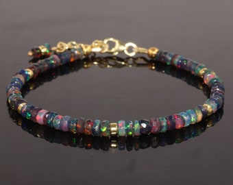 Natural black fire opal beaded bracelet, faceted opal beads bracelet, bracelet for women, October birthstone opal Jewelry-minimalist jewelry