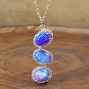 Natural Lavender Opal Gemstone Pendant Necklace, Three Gemstone Charm Pendant for Her, Ethiopian Fire Opal Stone, October Birthstone Jewelry