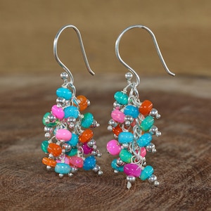 Multi Smooth Opal Gemstone Bead Silver Cluster Earrings for Women, Fire Opal Jewelry, October Birthstone Opal Earring, Gift for Her
