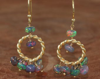 Fire Black Opal Stone Beads Dangle Earrings, Genuine Opal Gemstone Gold Earrings, Opal Handmade Earring, October Birthstone, Gift for Mom
