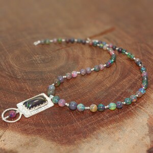 Black Opal Cushion Gemstone Silver Charm Necklace, Natural Multifire Round Opal Beads Necklace, Handmade Opal Jewelry, Gift for Her