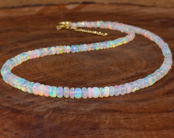 Multifire Natural Ethiopian Opal Beaded Necklace, Genuine Opal Fire Beads Necklace for Women, AAA Opal Gemstone, October Birthstone Jewelry,
