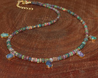 Natural Black Opal Beaded Charm Necklace for Her, Fire Opal Beads Necklace, Opal Beaded Jewelry, October Birthstone, Handmade Gift for Women