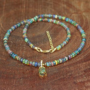 Natural Fire Black Opal Gemstone Charm Necklace, Ethiopian Fire Opal Beaded Necklace for Women, October Birthstone, Delicate Necklace Gift