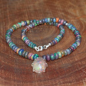 Multifire Black Faceted Opal Gemstone Charm Necklace, Genuine Black Opal Beaded Necklace for Women, Opal Birthstone Gift, 925 Silver Jewelry