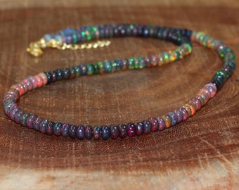 Black fire Ethiopian opal jewelry, Vintage fire opal beaded necklace, Smooth opal beaded, Minimalist necklace, AAA Ethiopian opal necklace