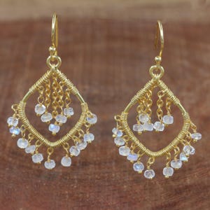 White Moonstone Gemstone Chandelier Gold Earrings, Moonstone Beads Wire Wrap Dangle Earrings, Birthstone Jewelry, Handmade Earring Gift
