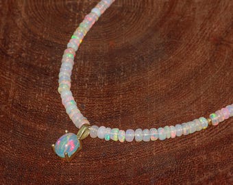 Oval opal charm with smooth Rondelle Beaded necklace for women, Vintage fire opal necklace, AAA Ethiopian opal beaded necklace, gift for her