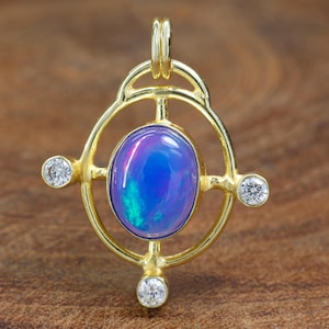 Natural Fire Lavender Opal Stone Pendant, Genuine Ethiopian Opal Gemstone Pendant, AAA Opal Oval Shape Gold Pendant, October Birthstone