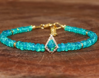 Natural Green fire opal beaded bracelet, Kite Opal Charm Bracelet, Minimalist bracelet, Bracelet for women, AAA Ethiopian opal Bracelet