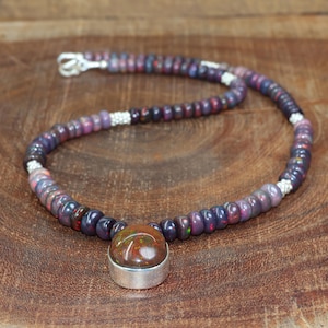 AAA Fire Black Opal Silver Charm Necklace, Ethiopian Black Opal Beaded Silver Necklace, Natural Opal Beaded Necklace, Opal Handmade Jewelry