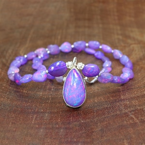 Fire Lavender Opal Faceted Nugget Beaded Necklace, Long Pear Shape Lavender Opal Pendant Necklace, Genuine Opal Gemstone Necklace
