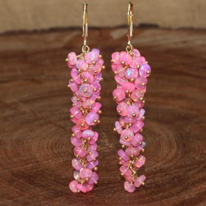 Unique Fire Pink Opal Cluster Earrings, Vintage Fire Opal Earrings, Genuine AAA Opal Long Drop Earrings, Handmade Opal Jewelry for Women