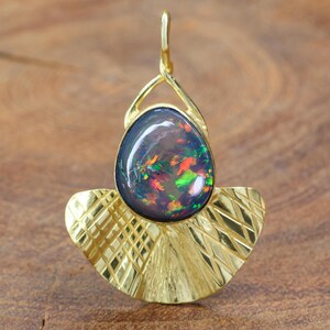 Vintage Fire Black Opal Stone Pendant, Genuine Ethiopian Opal Gemstone Pendant, AAA Opal Stone Gold Pendant, October Birthstone Jewelry