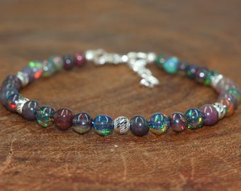 Natural Black fire Ethiopian opal beaded bracelet, smooth opal minimalist beads bracelet, 925 Sterling silver charm bracelet, Gift for her