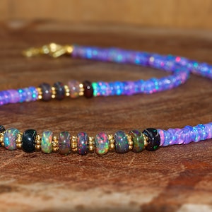 Natural fire lavender and black Ethiopian opal beaded necklace for women, AAA Ethiopian opal necklace, Genuine fire opal jewelry for her