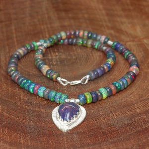 Ethiopian Black Pear Opal Gemstone Silver Charm Necklace, Natural Black Opal Beads Necklace for Women, Handmade Necklace, Delicate Necklace