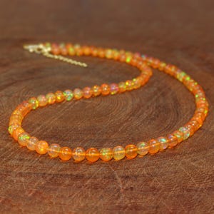 Orange Fire Opal Round Gemstone Beads Necklace, Genuine Ethiopian Opal Handmade Necklace, October Birthstone Delicate Jewelry, Gift for Her