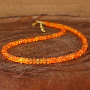 Natural Ethiopian Orange Fire Opal Beaded Necklace, Genuine Opal Orange Fire Beads Necklace for Women, October Birthstone Jewelry,