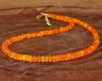 Natural Ethiopian Orange Fire Opal Beaded Necklace, Genuine Opal Orange Fire Beads Necklace for Women, October Birthstone Jewelry,