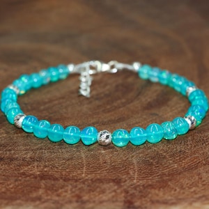 Round smooth opal beaded bracelet, Green fire opal beaded bracelet, October birthstone, Natural fire opal bracelet, 925 Sterling silver