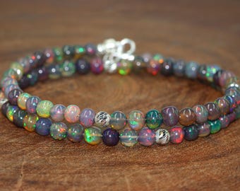 Natural fire Ethiopian opal round smooth opal beaded necklace for women, Big size opal beaded necklace, 925 Sterling silver necklace for her