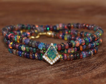 Natural Fire Black Opal Beaded Kite Cham Necklace for Women, AAA Ethiopian Multifire Opal Beaded Charm Necklace, Handmade Opal Jewelry