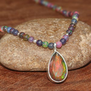 Fire Black Opal Gemstone Beaded Necklace, Multifire Black Opal Pear Charm Pendant Necklace, Silver Handmade Jewelry, October Birthstone