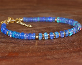 Bracelet de perles d'opale d'Éthiopie de feu bleu, bracelet pour femme, pierre de naissance d'octobre, bracelet de perles d'opale MM, bracelet d'opale d'Éthiopie AAA