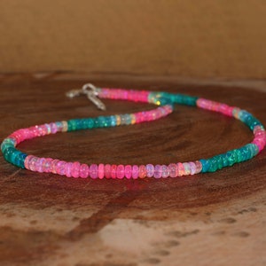 Natural green and pink multi fire opal beaded necklace, Rondelle smooth opal beaded necklace, AAA Ethiopian opal necklace, Gift for her