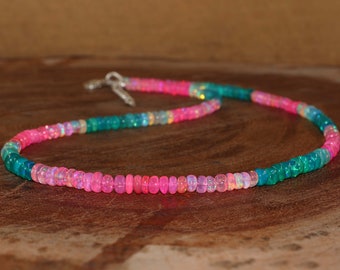 Natural green and pink multi fire opal beaded necklace, Rondelle smooth opal beaded necklace, AAA Ethiopian opal necklace, Gift for her