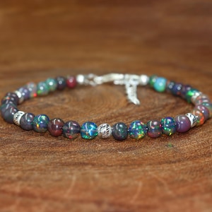 Round smooth black fire Ethiopian opal beaded bracelet for women, 925 Sterling silver, Handmade jewelry, 925 Sterling silver bracelet