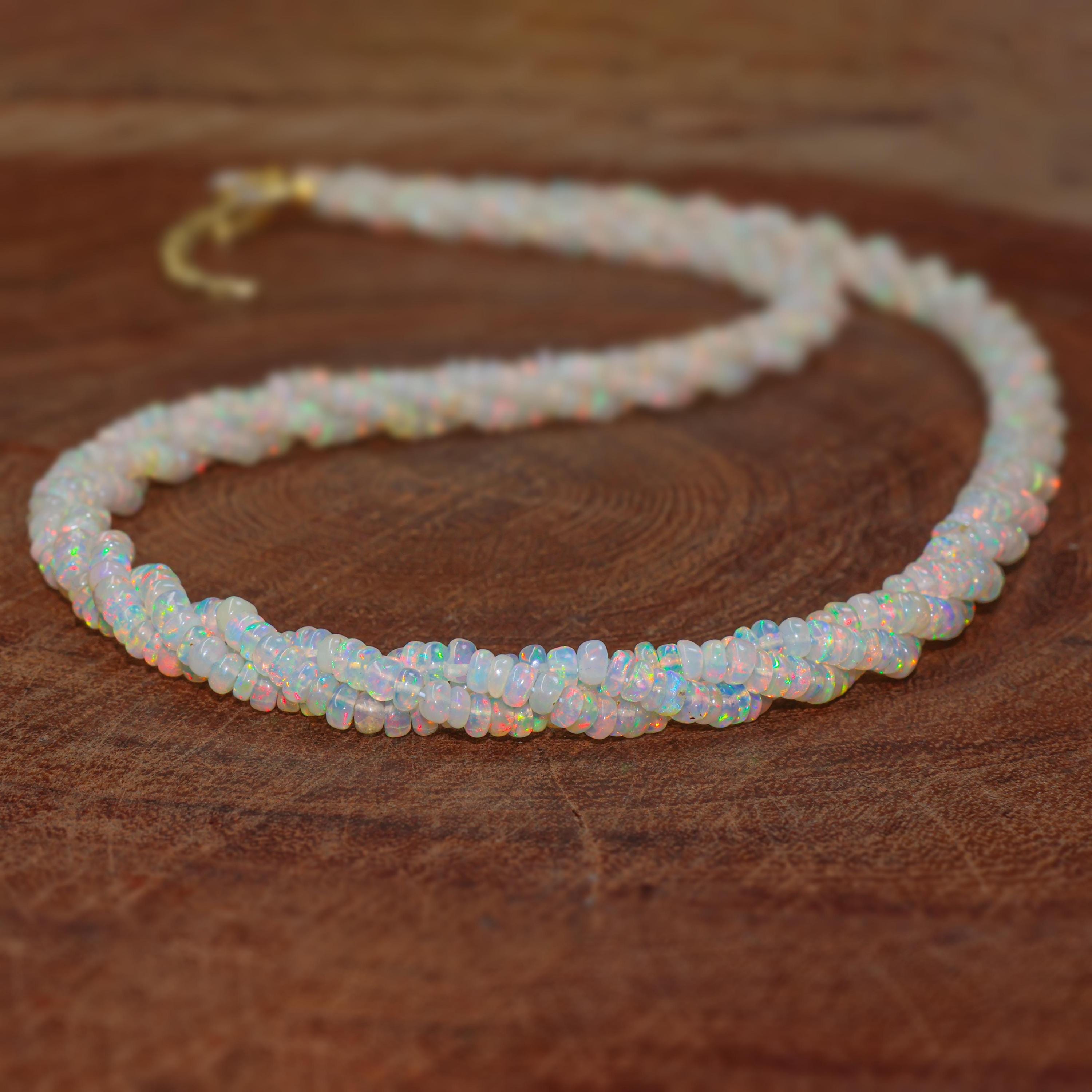 Natural White Ethiopian opal twisted necklace for women, Genuine fire opal necklace, Beaded jewelry, Vintage fire opal necklace gift for her