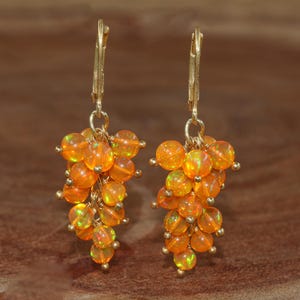 Orange Fire Opal Beaded Cluster Earrings, Natural Opal Gemstone Gold Earrings, Sterling Silver Earring, Opal Handmade Earrings, Gift for Her