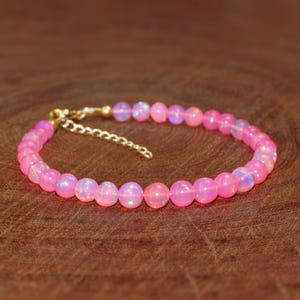 Pink Fire Opal Round Gemstone Beads Bracelet, Ethiopian Opal Beads Handmade Bracelet, October Birthstone Delicate Jewelry, Gift for Her