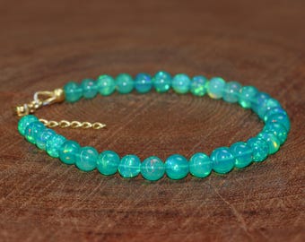 Genuine Green Opal Round Gemstone Beads Bracelet, Multifire Opal Beads Handmade Bracelet, October Birthstone Handmade Jewelry, Gift for Mom