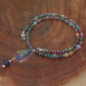 Multifire Black Opal Big Size Pear Gemstone Charm Necklace, Genuine Round Opal Beads Necklace, Delicate Opal Necklace, Birthday Gift for Mom