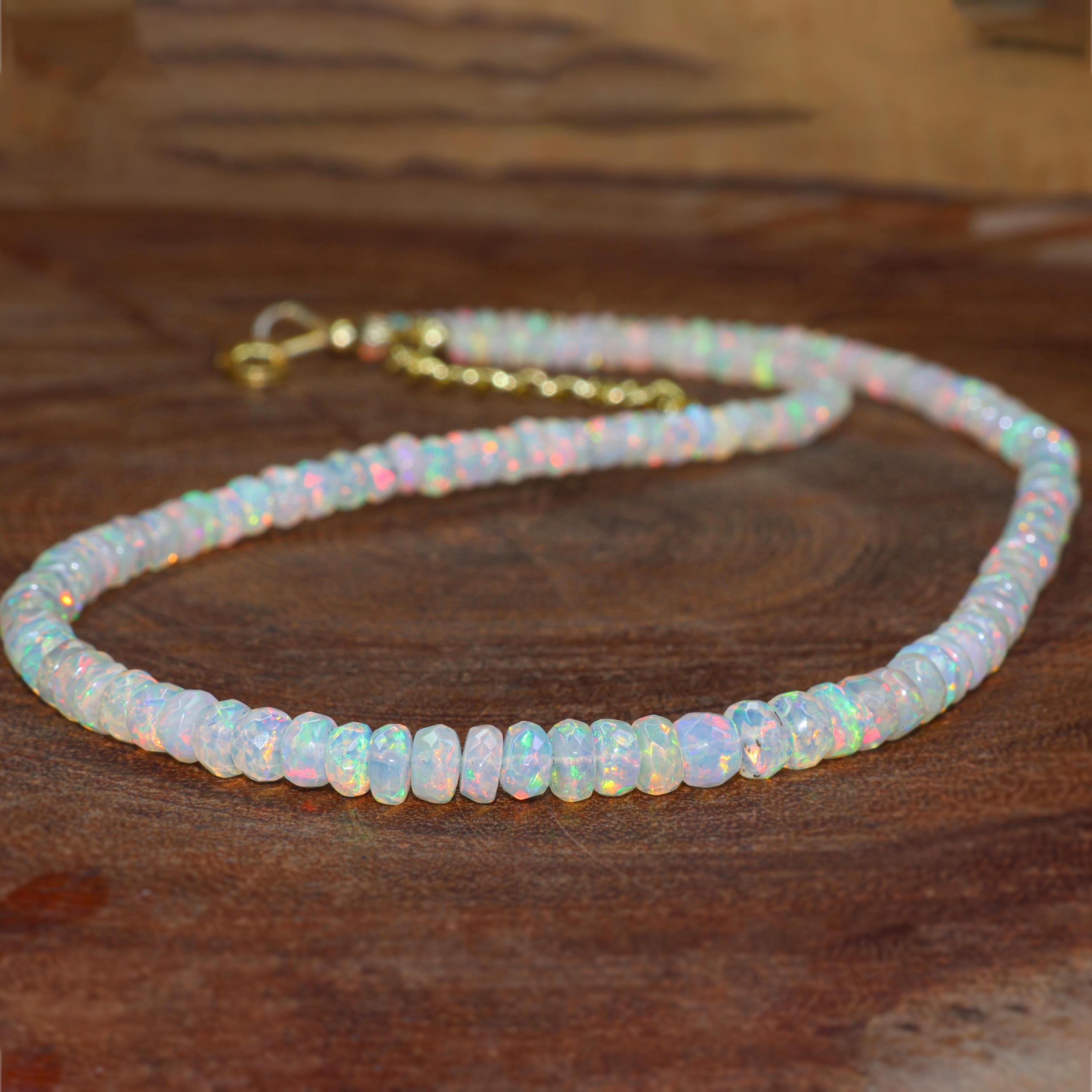 White fire Ethiopian opal faceted beaded necklace for women, Vintage fire opal jewelry, 925 Sterling silver necklace, AAA Ethiopian opal