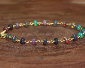 Natural black fire Ethiopian opal beaded chain wire wrap bracelet for women, October birthstone, fire opal jewelry, Black opal jewelry
