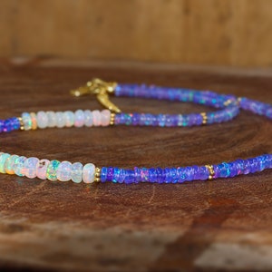 Natural lavender fire and White fire Ethiopian opal beaded necklace, Fire opal jewelry, October birthstone, Gold necklace, Gift for her